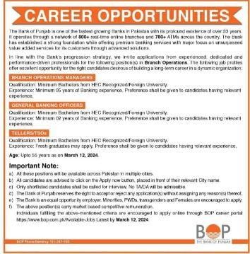 Bank Of Punjab Announce jobs 2024 Apply Online