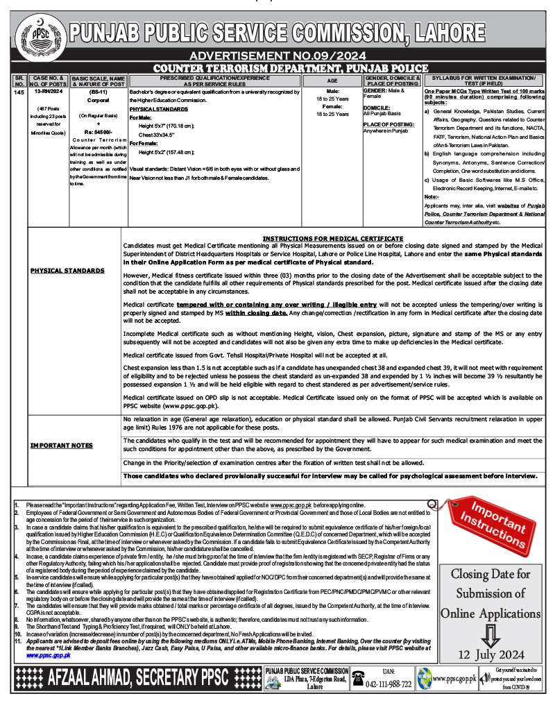 Punjab Police CTD Jobs 2024 Online Apply Last Date