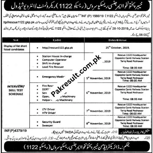 KPK Rescue 1122 Jobs 2024 Interview Schedule